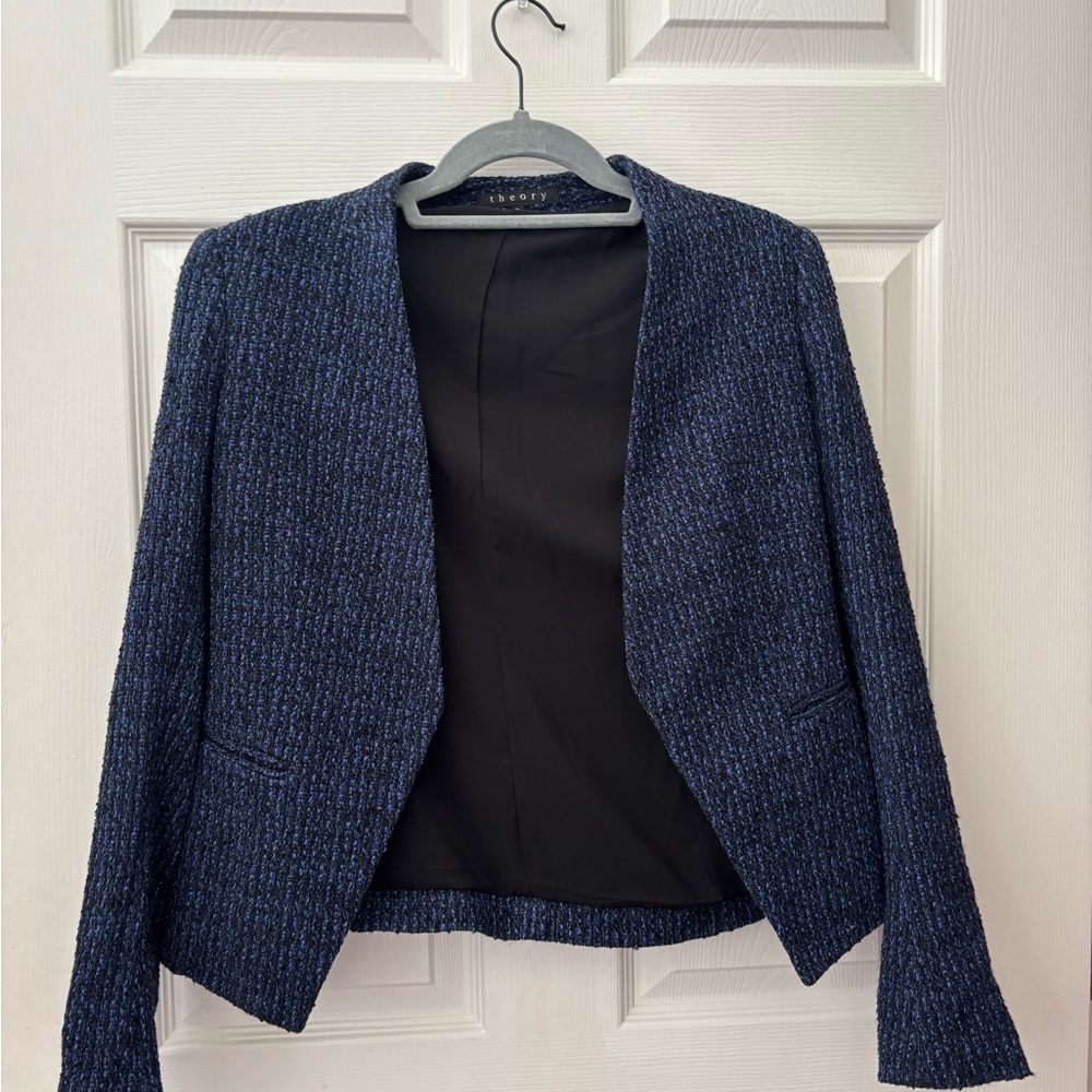 Theory Navy Textured Tweed Fitted Blazer
